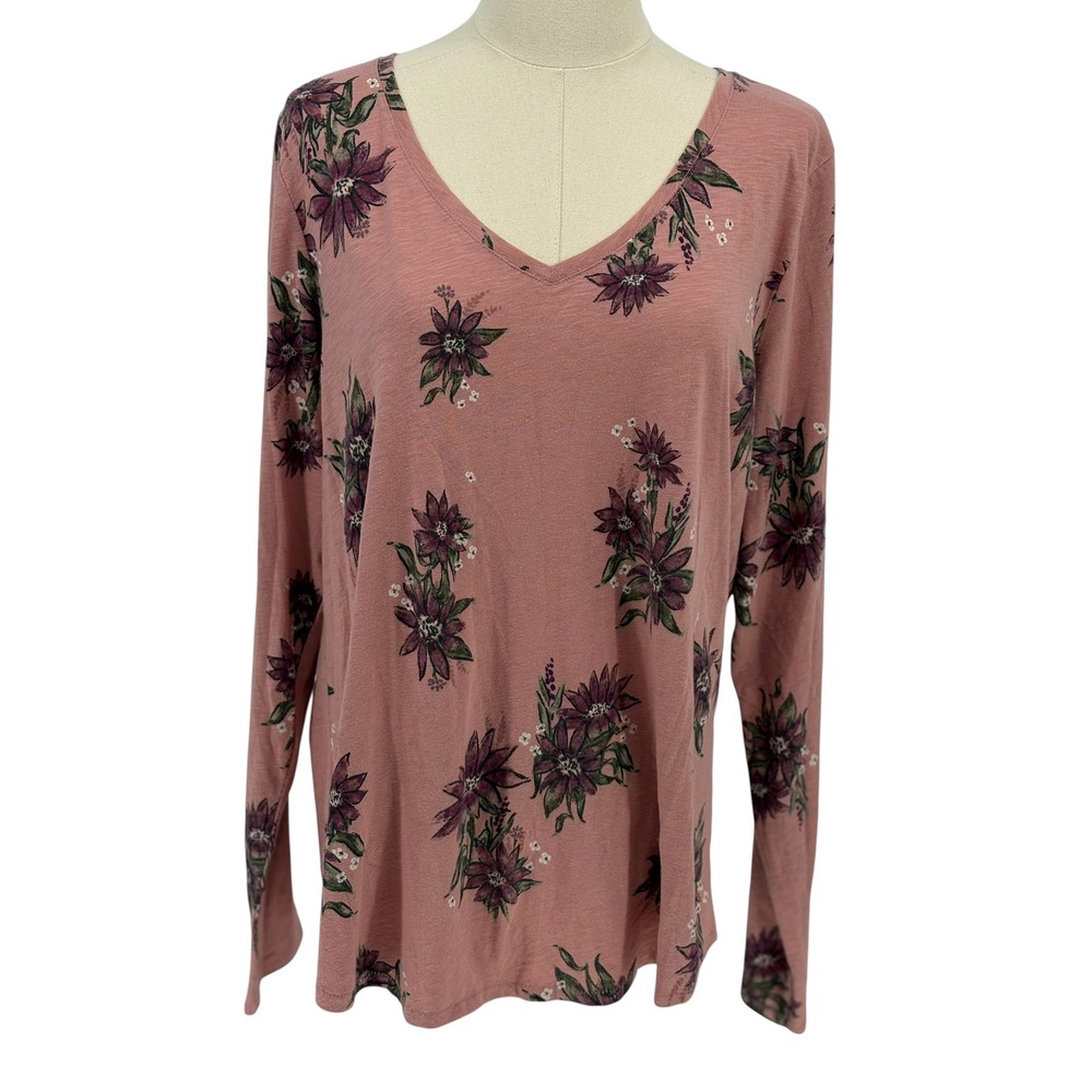 Sonoma The Everyday Tee Pink Purple Floral Long Sleeve V-Neck Top XL